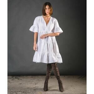CLAUDE TULUM Natural Dress Tiered Cotton V-Neck Flounce 3/4 Sleeves White Medium